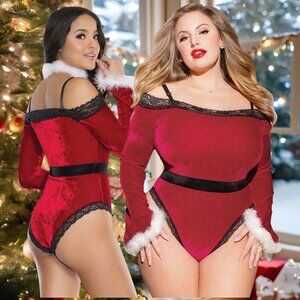 Christmas Teddy Women's Plus OSXL Red Velvet and Lace Holiday Bodysuit